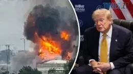 колаж: Дональд Трамп та вибухз вогнем
