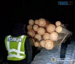 поліцейський біля возу зі зрубаними колодами