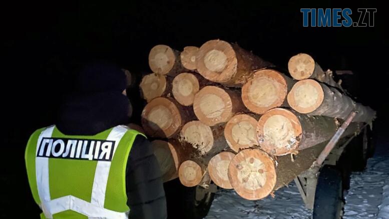 поліцейський біля возу зі зрубаними колодами