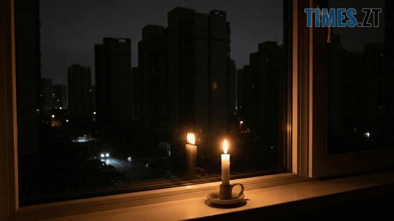 свічка на підвіконні, а за вікном темне місто без електроенергії